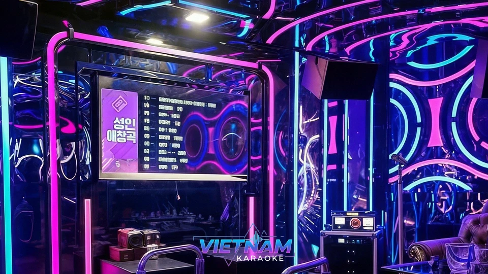 네온 조명의 가라오케 내부