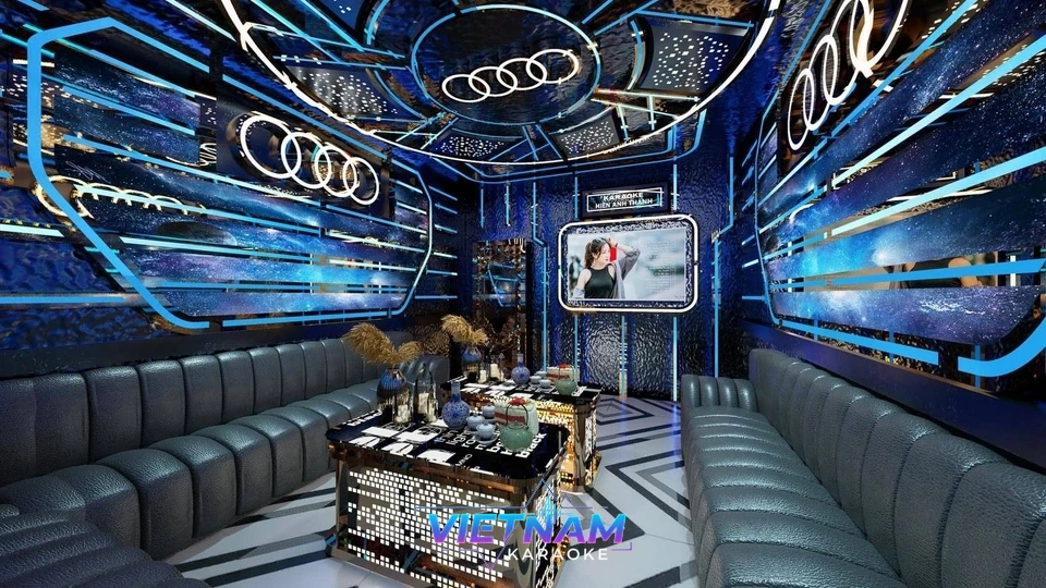 우주 컨셉의 푸른색 가라오케 룸